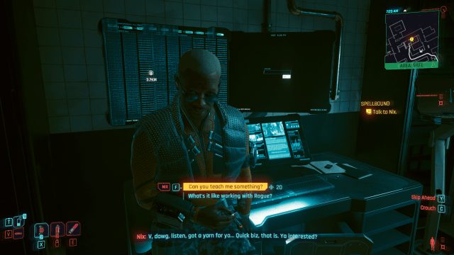 Nix offering a job to V inside of the Afterlife night club (Cyberpunk 2077).