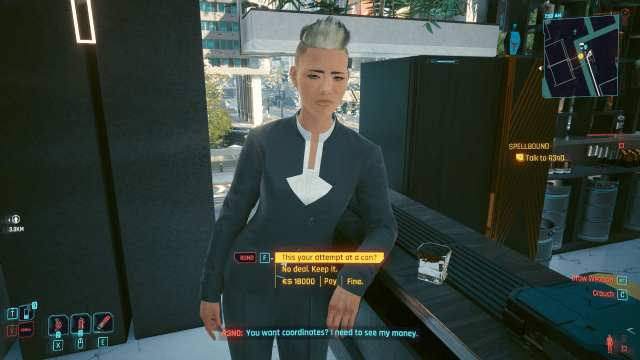 v speaking to R3n0 in a bar during the Spellbound job (Cyberpunk 2077).