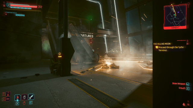 Helicopter fire pinning down V and Songbird in The Killing Moon (Cyberpunk 2077).