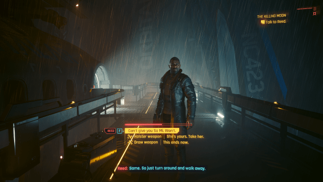 Reed confronting V outside of the space shuttle in the rain in The Killing Moon (Cyberpunk 2077).