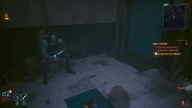 The bathroom that V wakes up in during the job Sweet Dreams (Cyberpunk 2077).