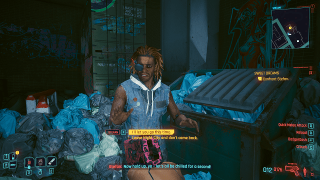 V confronting Stefan in a back alley at the end of Sweet Dreams (Cyberpunk 2077).