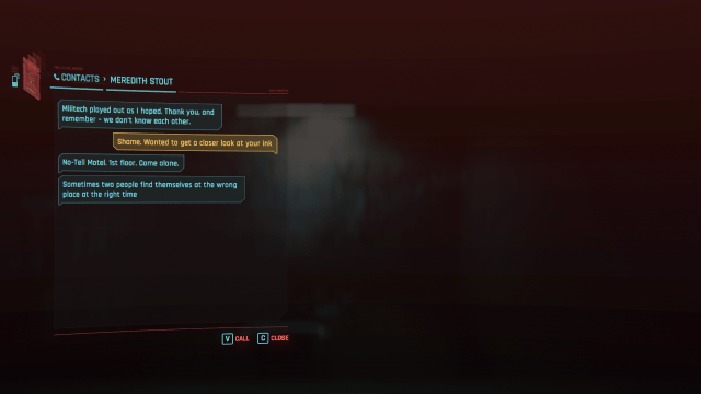 The messages menu from Cyberpunk 2077, where a conversation setting up a meeting with Meredith Stout can be seen.