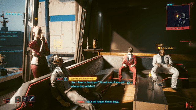 Maiko standing over Hiromi Sato during the Pisces Job, with dialogue options allowing V to question her (Cyberpunk 2077).