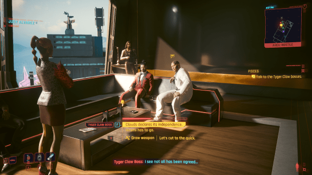 Dialogue choices for the ending of the Pisces job in Hiromi Sato's office in Cyberpunk 2077.