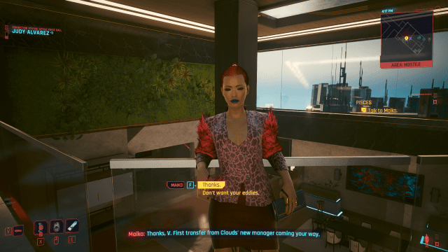 Maiko offering V payment at the end of Pisces outside of Hiromi Sato's office (Cyberpunk 2077).