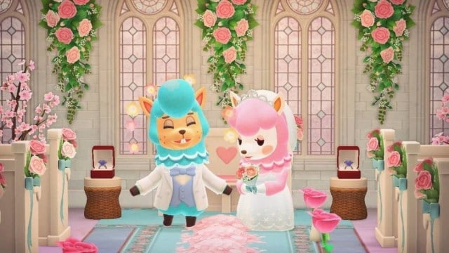 Cyrus and Reese in the wedding chapel in Animal Crossing