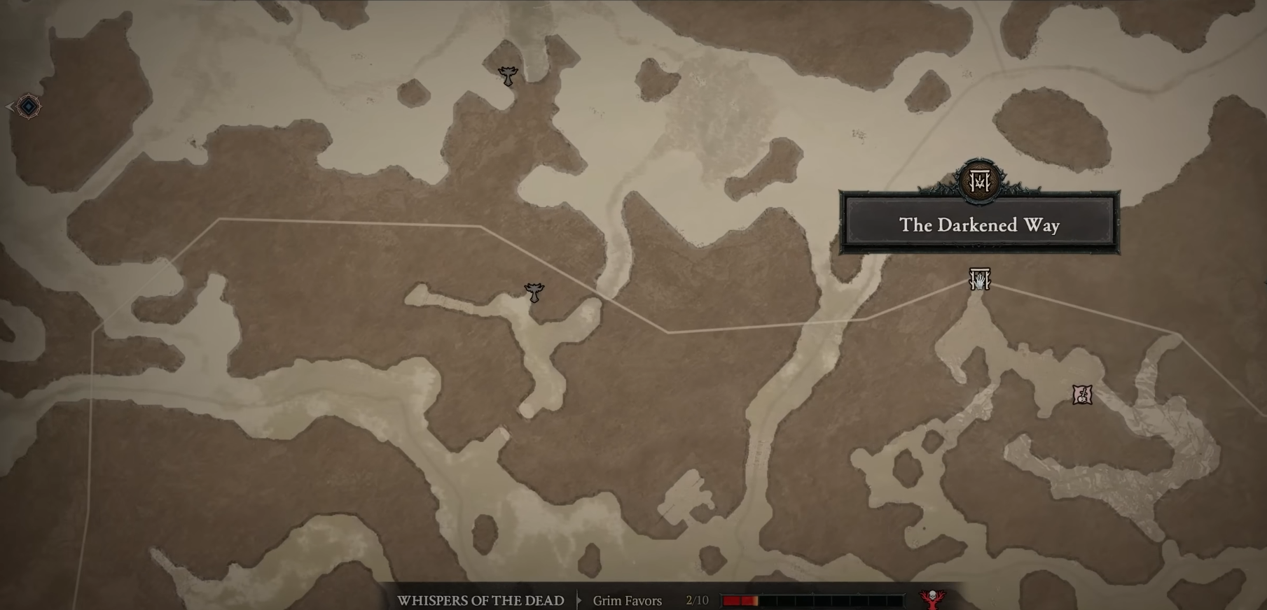 Image of the map in Diablo 4 showing the entry to the Darkened Way.