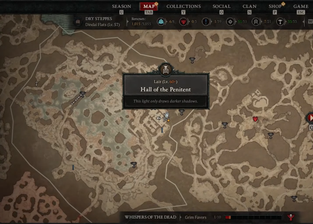 Image of the map in Diablo 4 showing the location of the Hall of the Penitent.