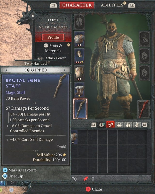 The character screen in Diablo 4 showing an equipped item and the options available.