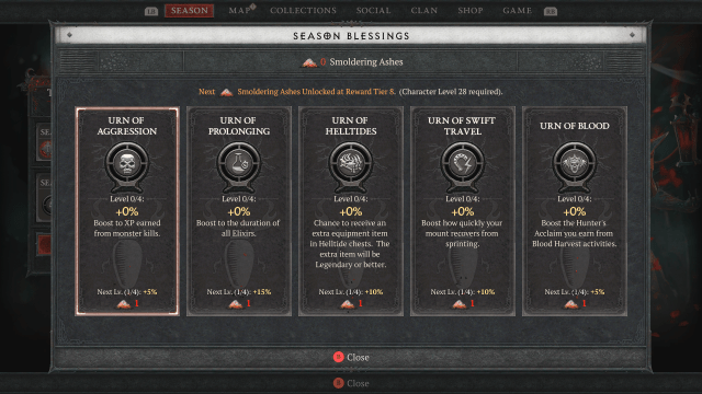 The Seasons Blessings menu in Diablo 4, showing available rewards.