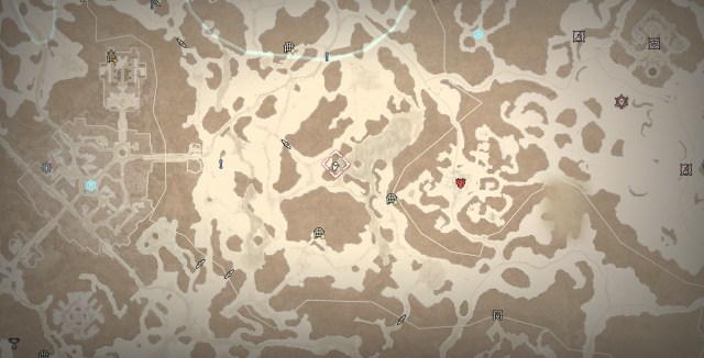 A screenshot of the map in Diablo 4 showing the location of a Silent Chest in the Frigid Expanse.