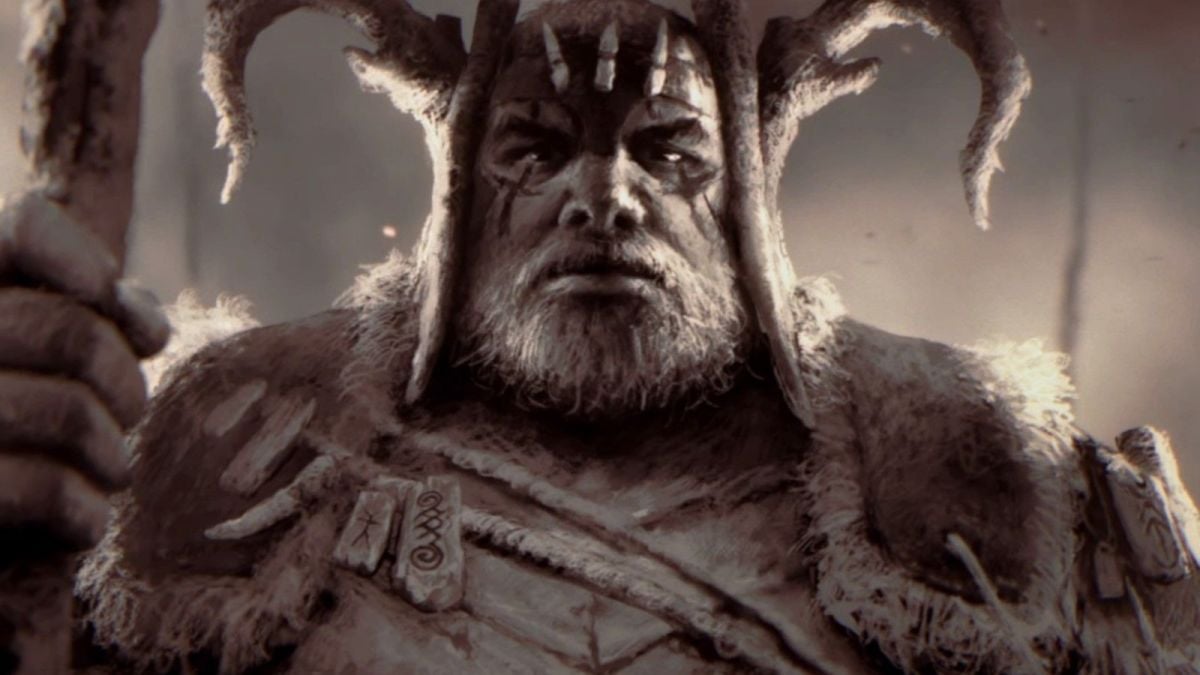 A screenshot of a statue from Diablo 2 showing an older man with a helmet with curved horns and a beard.