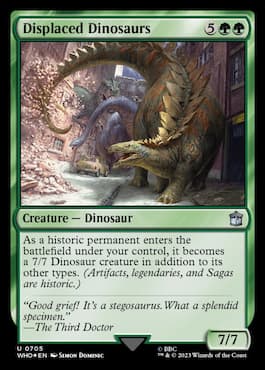 Image of dinosaur in city through Displaced Dinosaurs MTG Doctor Who Commander set