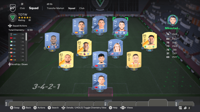 A team in EA FC 24 Ultimate Team consisting of Etrit Berisha, Jesus Navas, Samet Akaydin, Nicolas Otamendi, Moises Caicedo, Lindsey Horan, Riyad Mahrez, Dodi Lukebakio, Cristiano Ronaldo, Miguel De la Fuente, and Georges Mikautadze.