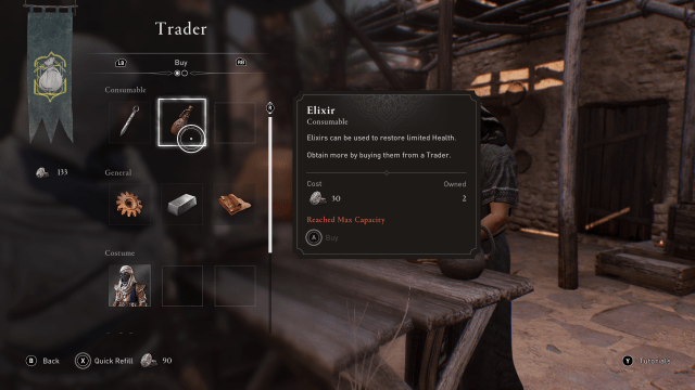 Image of the Trader menu screen, hovered over the Elixir item.