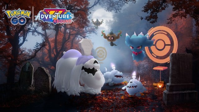 Greavard, Phantump, and other Ghost-type Pokemon in front of a spooky PokeStop.