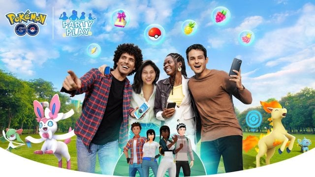Multiple people look happy. Avatar versions of themselves are together in a little semi-circle below. The people are surrounded by creatures and items found in Pokémon Go.