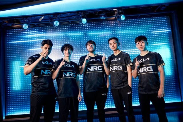 NRG posing for a photo day at Worlds 2023 in Korea.