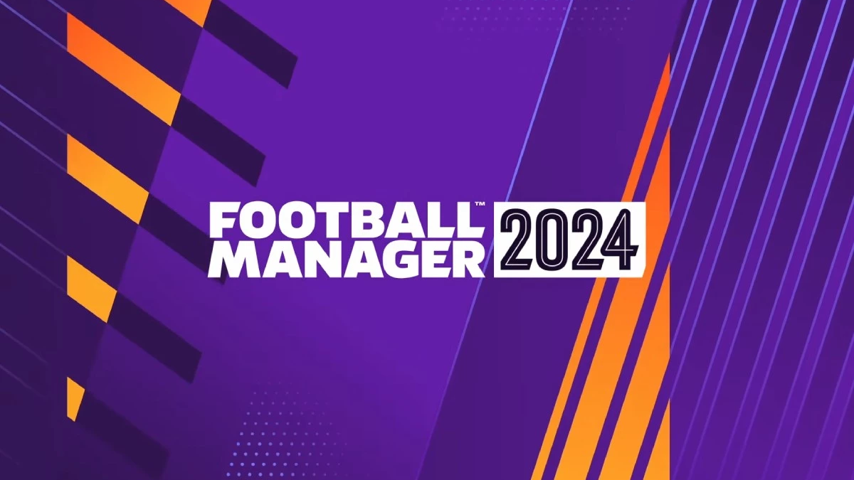 A generic art of Football Manager 24. The game's logo is white and the background is purple.