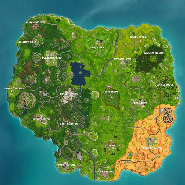 Map of the island during Fortnite chapter one, season 5 map