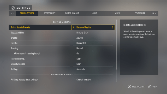 The Driving Assists menu in Forza Motorsport and recommended settings for intermediate players.