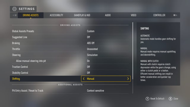 The Driving Assists menu in Forza Motorsport and recommended settings for expert players.
