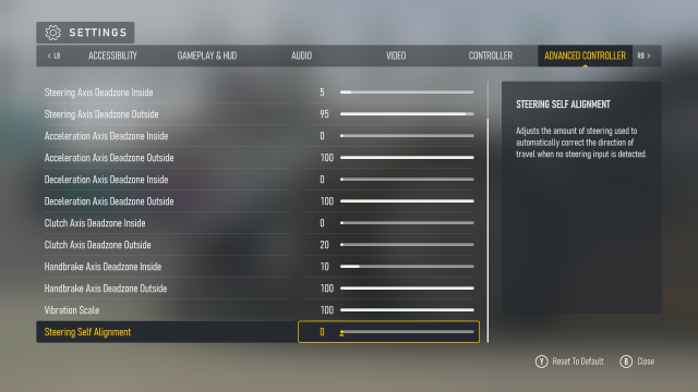A screenshot of the Advanced Controller Settings page in Forza Motorsport.