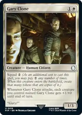 Image of Gary clones from Fallout franchise in MTG Universes Beyond set