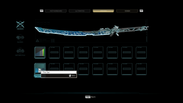 The Owl, a blue and white geometric cyber katana in Ghostrunner 2.