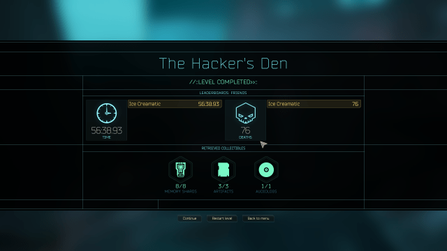 The level summary screen from The Hacker's Den, a level in Ghostrunner 2. It shows all collectibles found.