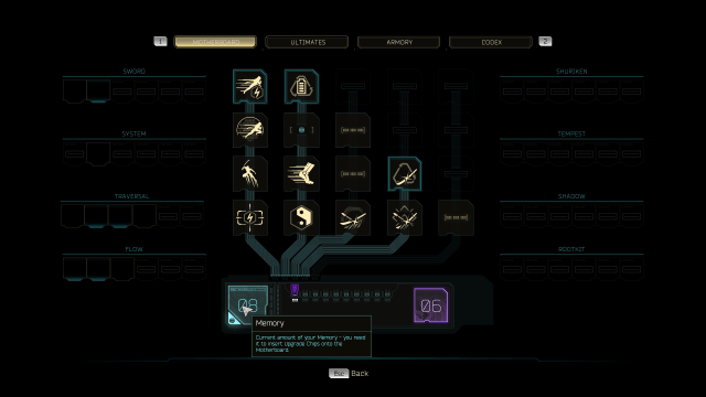 Displays the Motherboard menu in Ghostrunner 2.