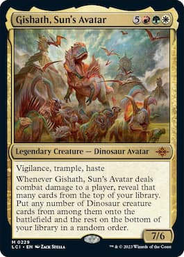 Gishath leading other dinosaurs to battle on MTG card in LCI set