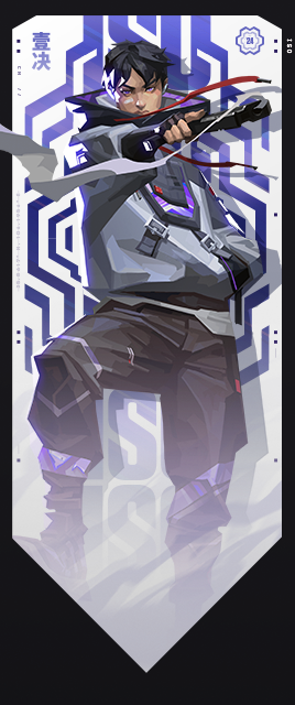 Iso's player card in VALORANT, featuring him standing with a gun drawn in front of him.