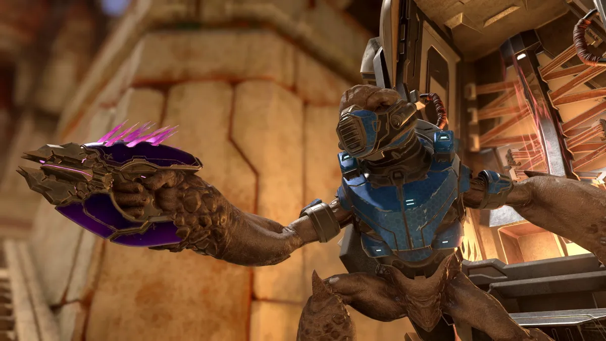 A Halo Infinite Grunt holds a Needler