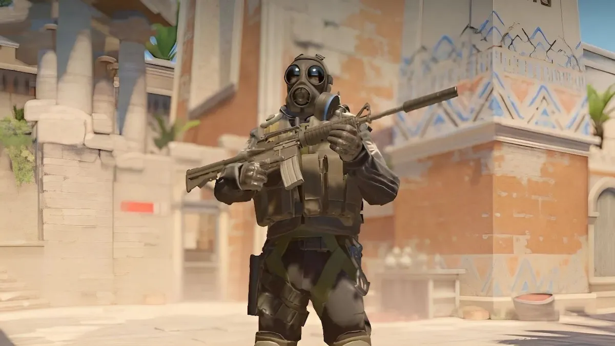A Counter-Terrorist in CS2 holds a M4A1-S in Anubis.