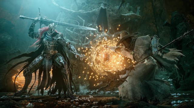 Two Lords of the Fallen characters fighting.