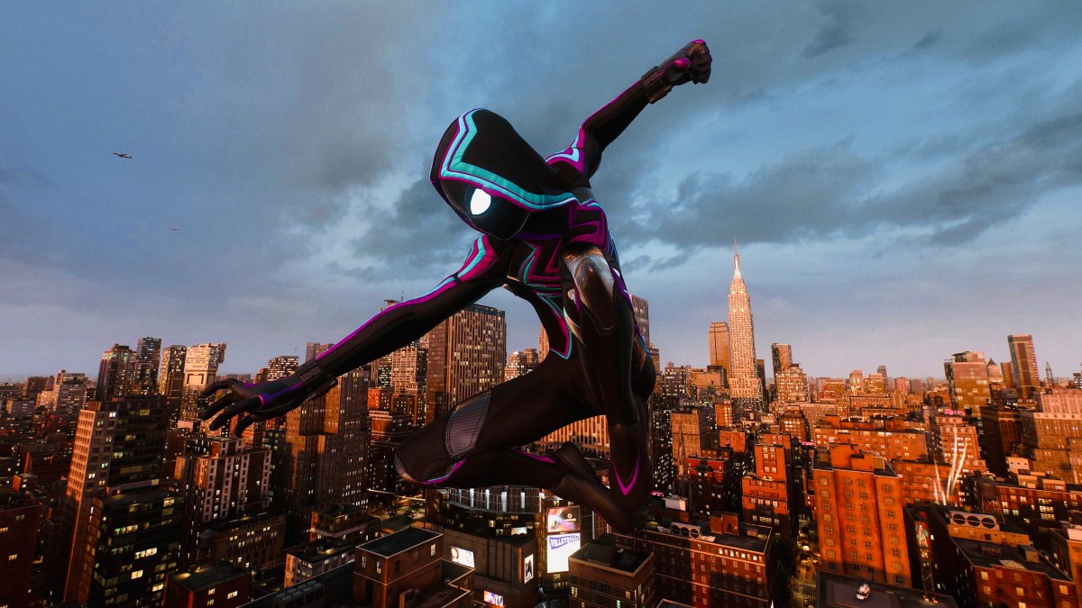 An in game screenshot of Miles in the Miles Morales 2099 suit from Marvel's Spider-Man 2