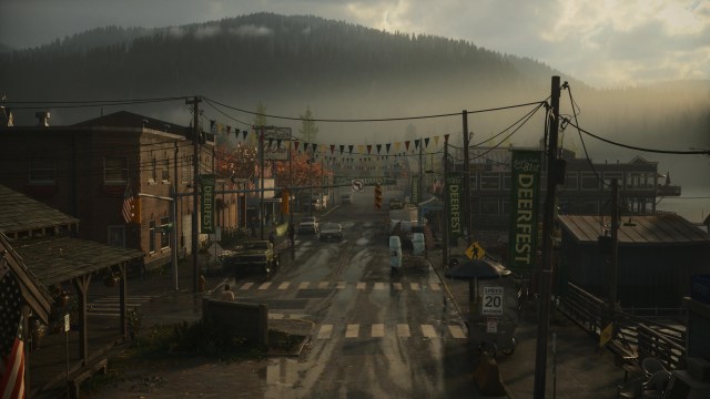 Bright Falls, a township with houses and streets, in Alan Wake 2.