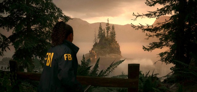An in game screenshot of Cauldron Lake in Alan Wake II.