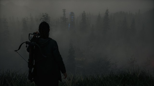 An in game screenshot of Saga in the Watery forest from Alan Wake II