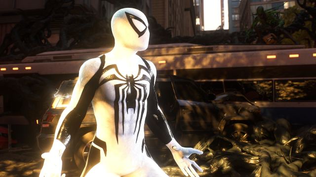 Peter Parker wearing the Anti-Venom suit in Marvel's Spider-Man 2.