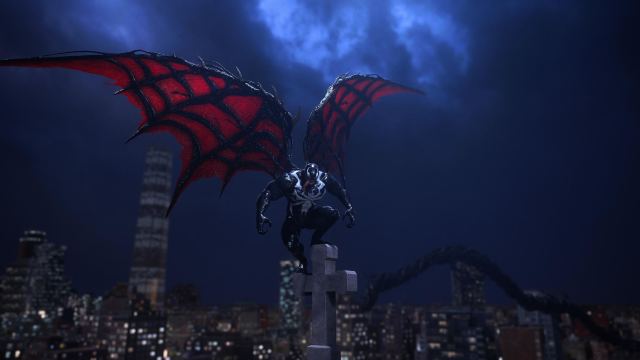 Venom in Spider-Man 2 spawns wings and holds Peter Parker in his clutches.