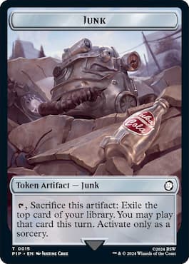 Image of helmet in rubble and cola bottle through MTG Fallout Universes Beyond Commander set Junk Token