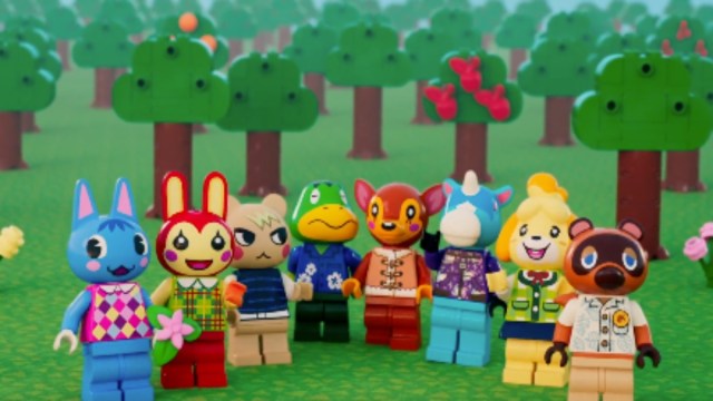 Several Animal Crossing villager LEGOs lined up in a row