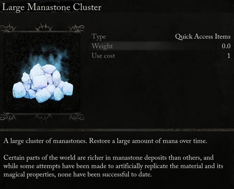 A screenshot showing the Large Manastone Cluster item in Lords of the Fallen and its description. The manastone cluster appears as a bunch of blue, smokey rocks.