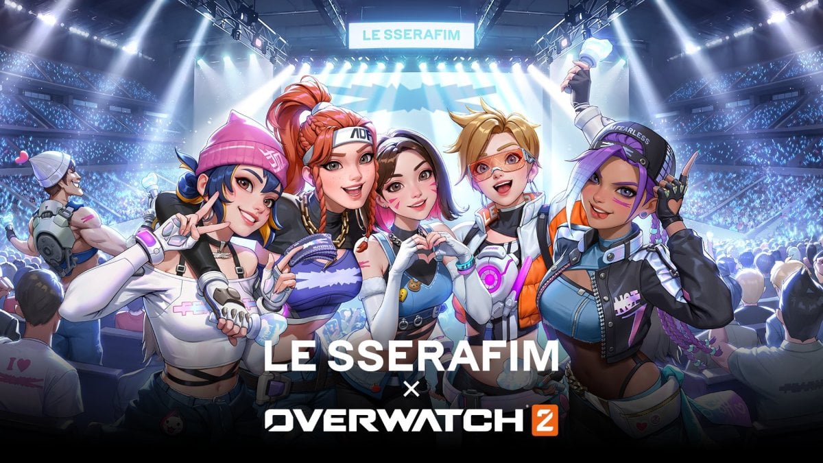 Overwatch 2 x Le Sserafim collab graphic showing Junkrat, Kiriko, Brigitte, D.Va, Tracer, and Sombra.