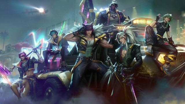 The splash art for League's newest boy band, featuring skins for Yone, Aphelios, Sett, K'Sante, Yone, and Ezreal.