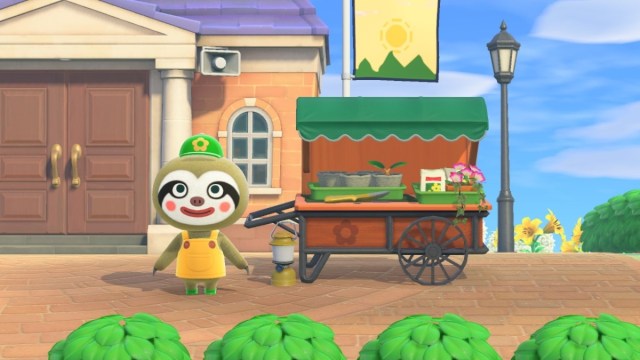 Leif the Sloth in Animal Crossing with his seed/fruit cart