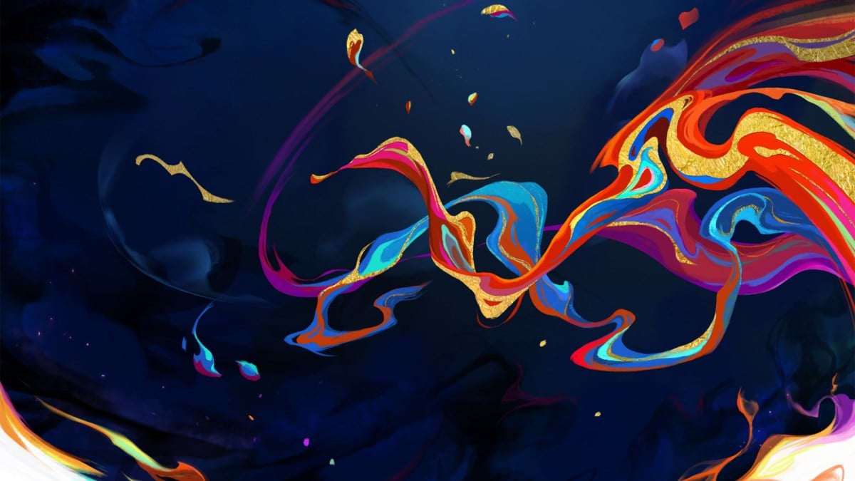 Bright streaks of blue, pink, and orange move across a dark, indigo-colored background. This image is meant to be a teaser for League's upcoming artist champion, Hwei.